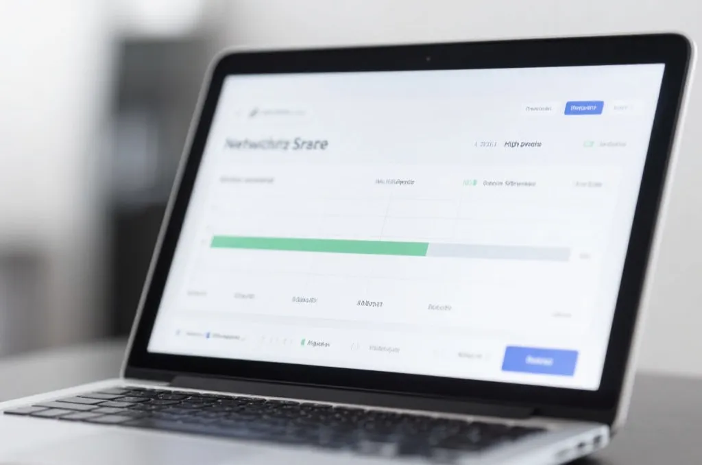 A close-up of a laptop displaying a network speed test interface with high-speed results, clean and professional look, minimalist background